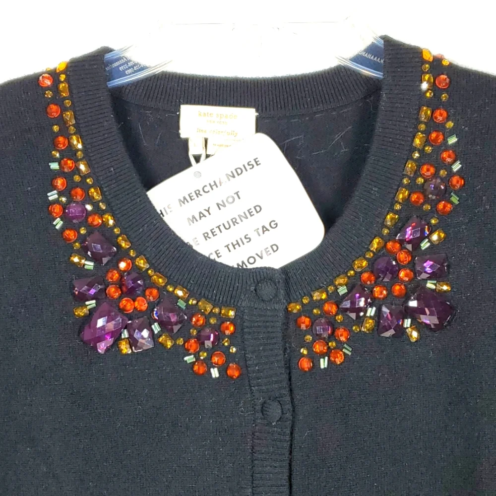 Kate Spade Black Embellished Paulina Cardigan Wool Cashmere Blend Sweater - Picture 2 of 11